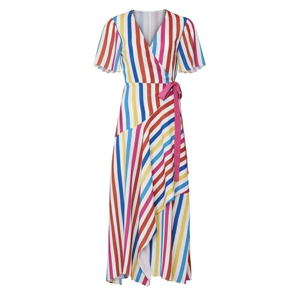 COLOR ME COURTNEY Taira Wrap Colorful Striped Midi Dress SIZE MEDIUM - Picture 1 of 12
